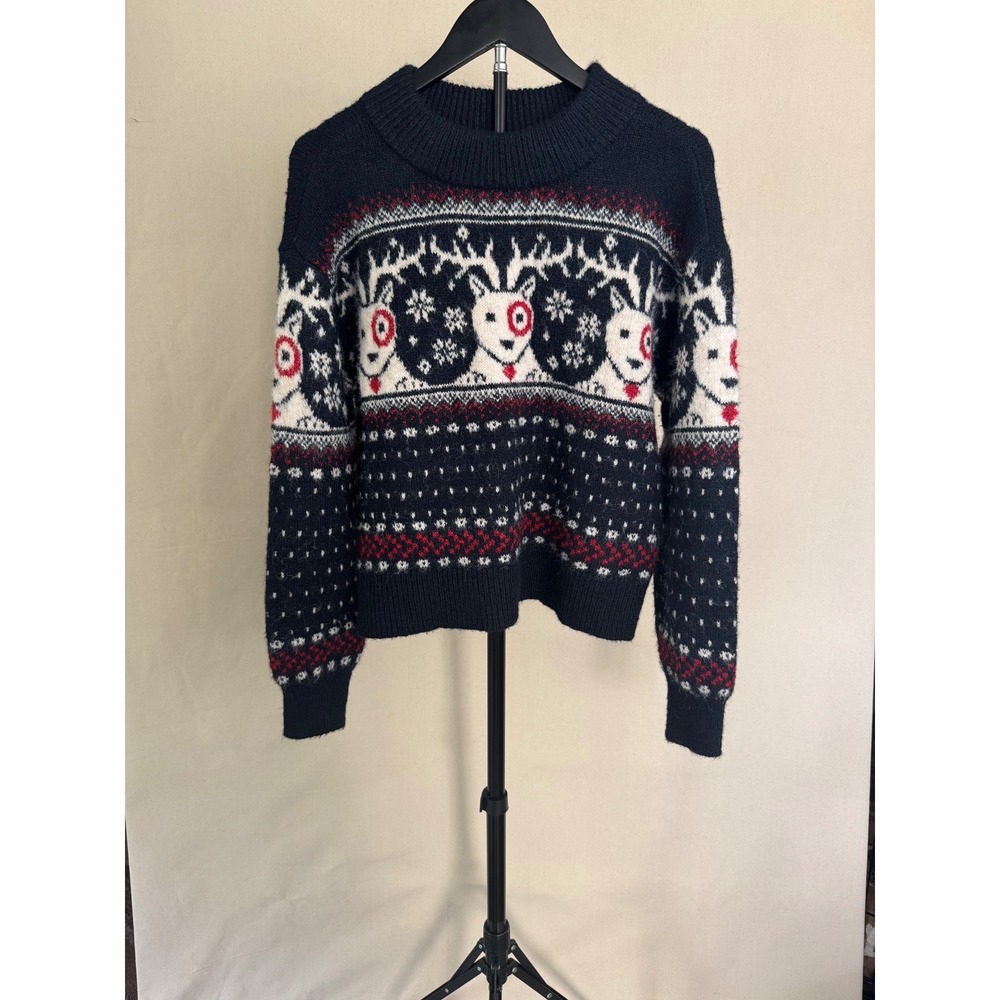 Universal Thread Target Bullseye Dog Fair Isle Holiday Sweater Navy Blue XS NEW